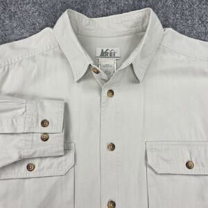 Vintage REI Shirt Mens Large Beige Cotton Button Up Dual Pocket Work 90s Safari